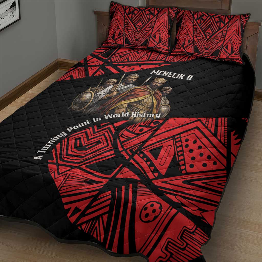 Menelik II Quilt Bed Set with Adwa Victory Map, Africa Defeated an Empire Text and Red Geometric - African Pride
