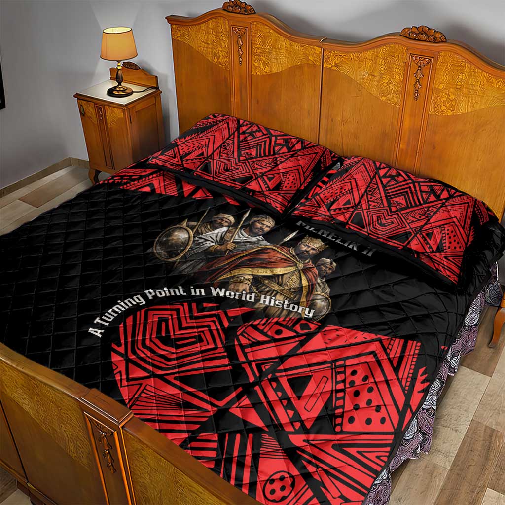 Menelik II Quilt Bed Set with Adwa Victory Map, Africa Defeated an Empire Text and Red Geometric - African Pride