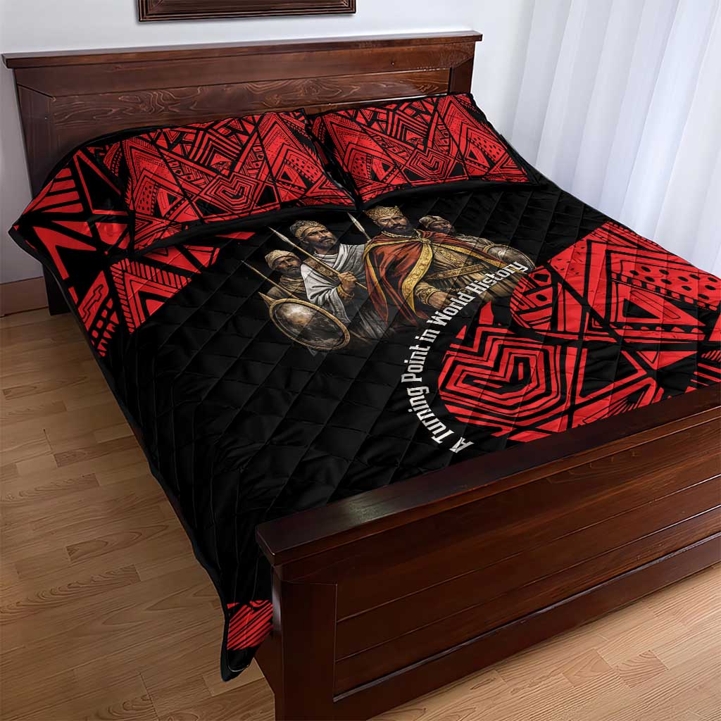 Menelik II Quilt Bed Set with Adwa Victory Map, Africa Defeated an Empire Text and Red Geometric - African Pride