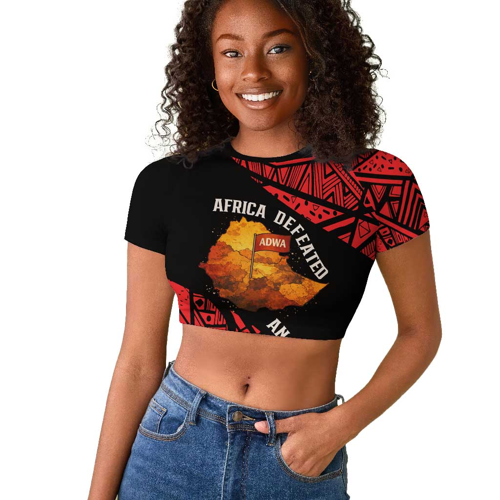Menelik II Raglan Cropped T shirt with Adwa Victory Map, Africa Defeated an Empire Text and Red Geometric - African Pride
