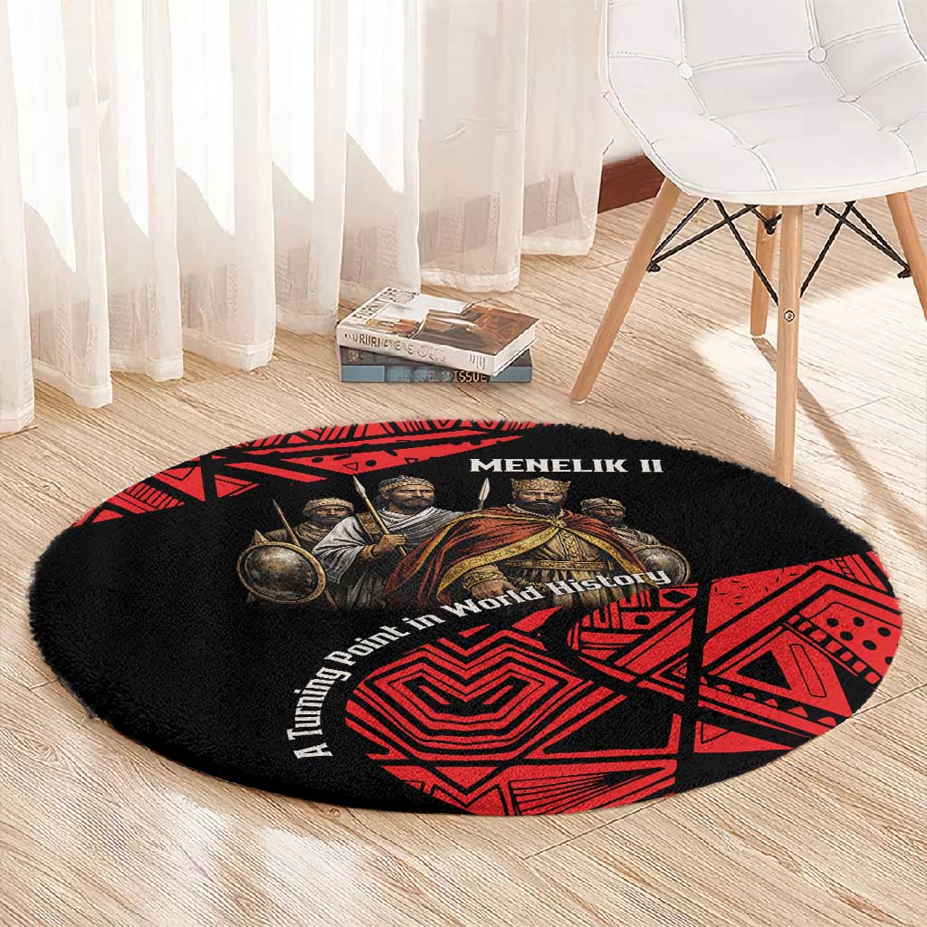 Menelik II Round Carpet with Adwa Victory Map, Africa Defeated an Empire Text and Red Geometric - African Pride