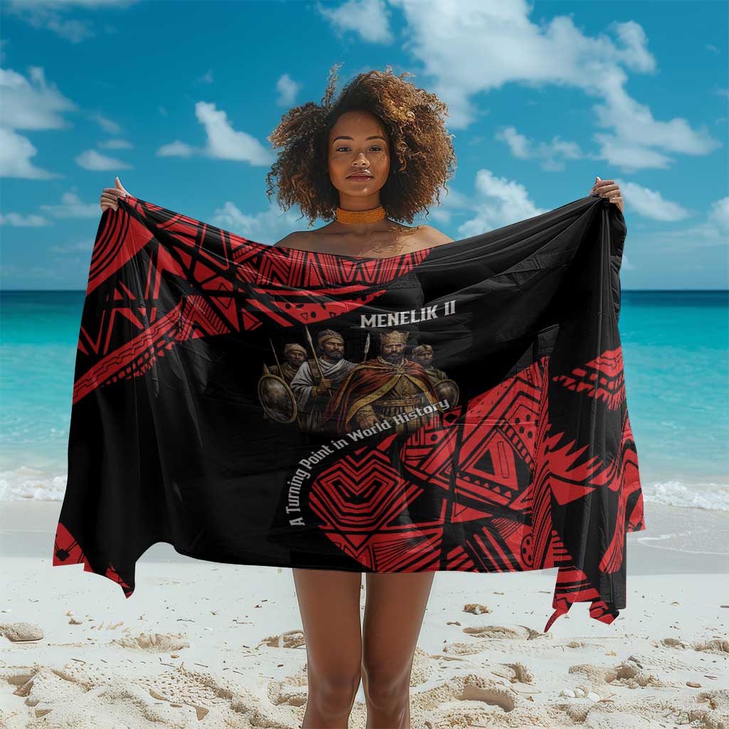 Menelik II Sarong with Adwa Victory Map, Africa Defeated an Empire Text and Red Geometric - African Pride