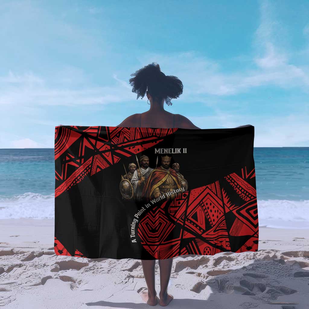 Menelik II Sarong with Adwa Victory Map, Africa Defeated an Empire Text and Red Geometric - African Pride