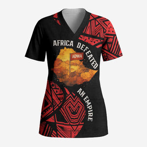 Menelik II Scrub Top with Adwa Victory Map, Africa Defeated an Empire Text and Red Geometric - African Pride
