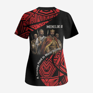 Menelik II Scrub Top with Adwa Victory Map, Africa Defeated an Empire Text and Red Geometric - African Pride