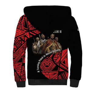 Menelik II Sherpa Hoodie with Adwa Victory Map, Africa Defeated an Empire Text and Red Geometric - African Pride
