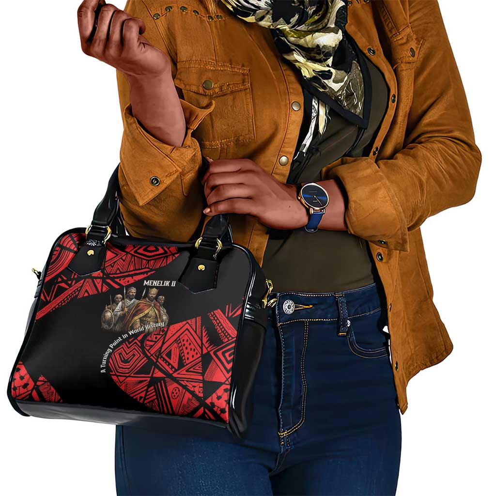 Menelik II Shoulder Handbag with Adwa Victory Map, Africa Defeated an Empire Text and Red Geometric - African Pride