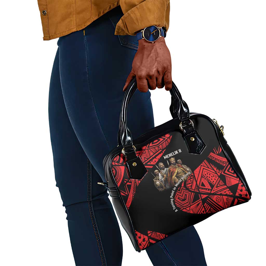Menelik II Shoulder Handbag with Adwa Victory Map, Africa Defeated an Empire Text and Red Geometric - African Pride