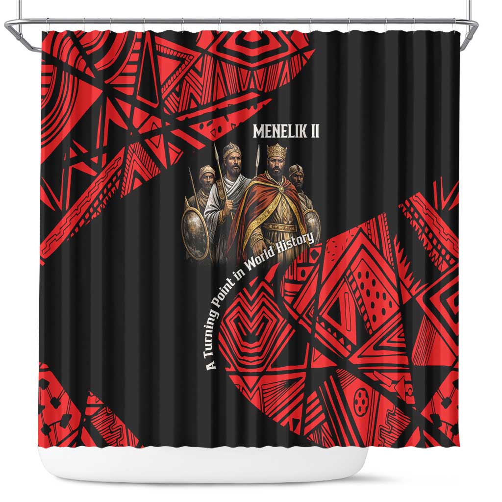 Menelik II Shower Curtain with Adwa Victory Map, Africa Defeated an Empire Text and Red Geometric - African Pride
