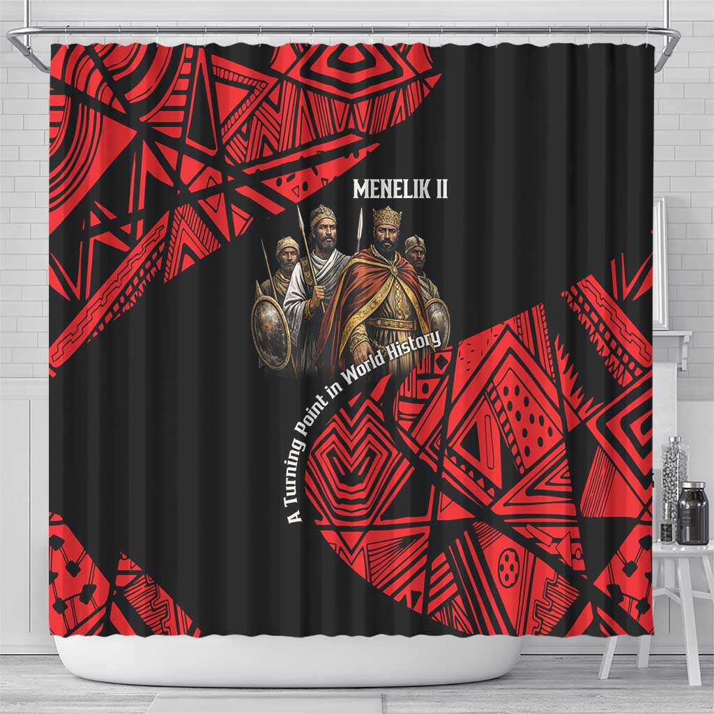 Menelik II Shower Curtain with Adwa Victory Map, Africa Defeated an Empire Text and Red Geometric - African Pride