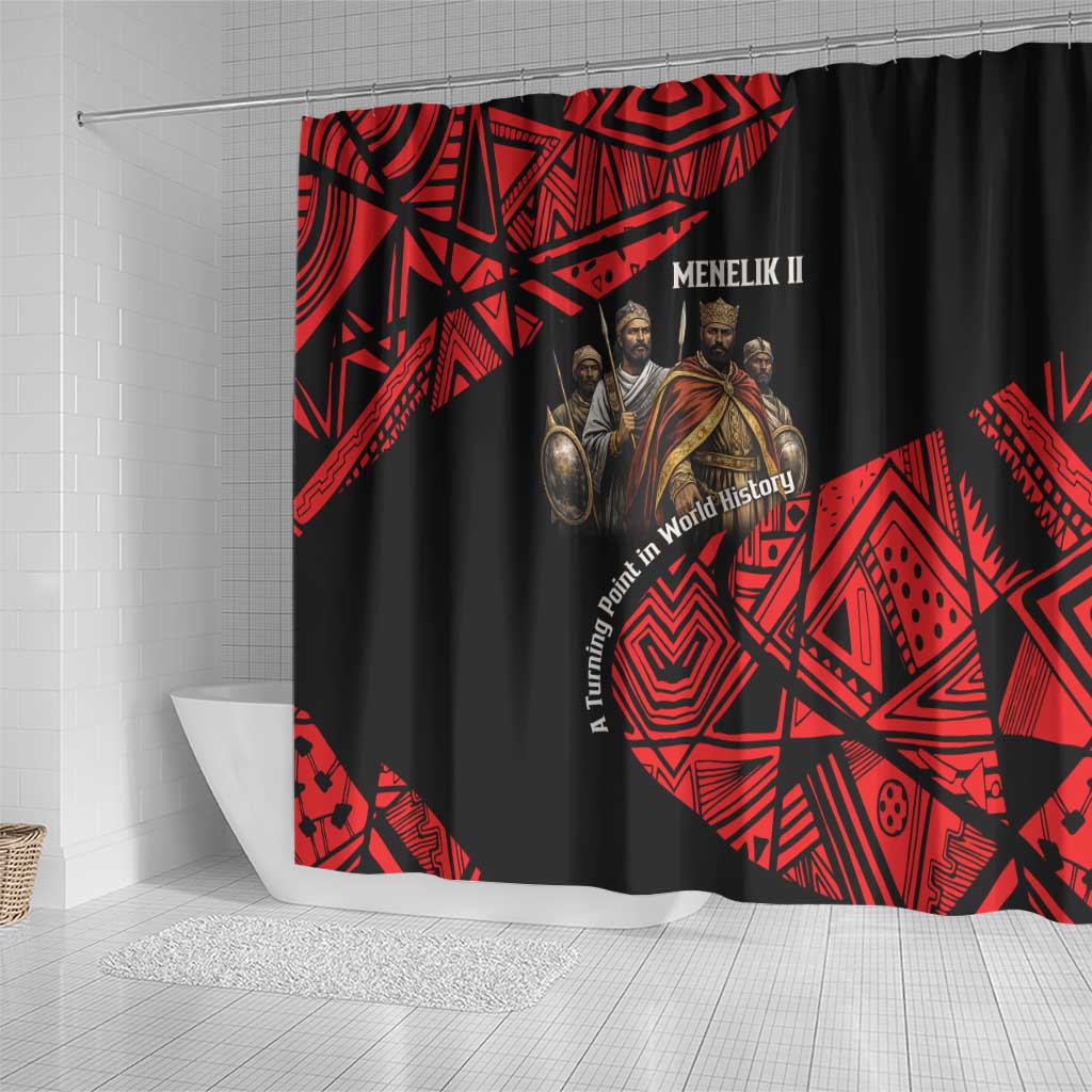 Menelik II Shower Curtain with Adwa Victory Map, Africa Defeated an Empire Text and Red Geometric - African Pride