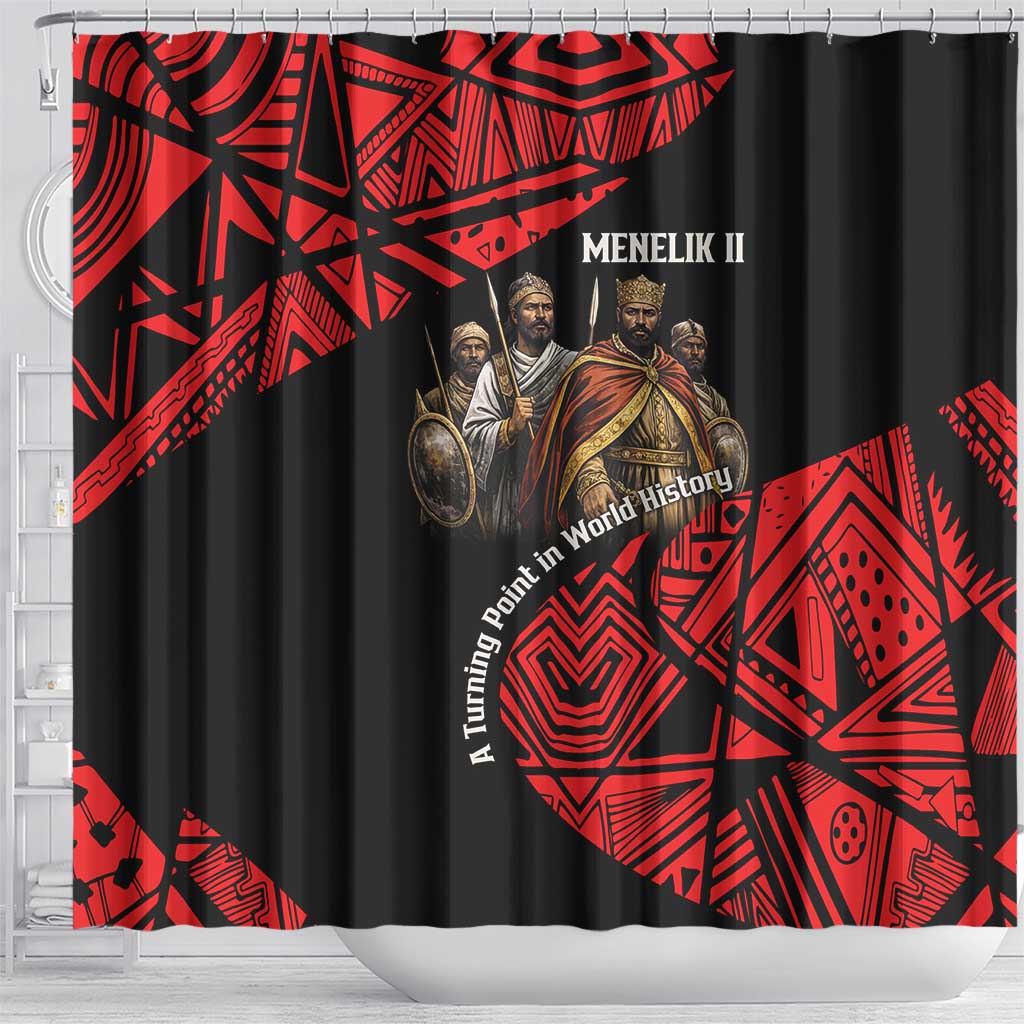 Menelik II Shower Curtain with Adwa Victory Map, Africa Defeated an Empire Text and Red Geometric - African Pride