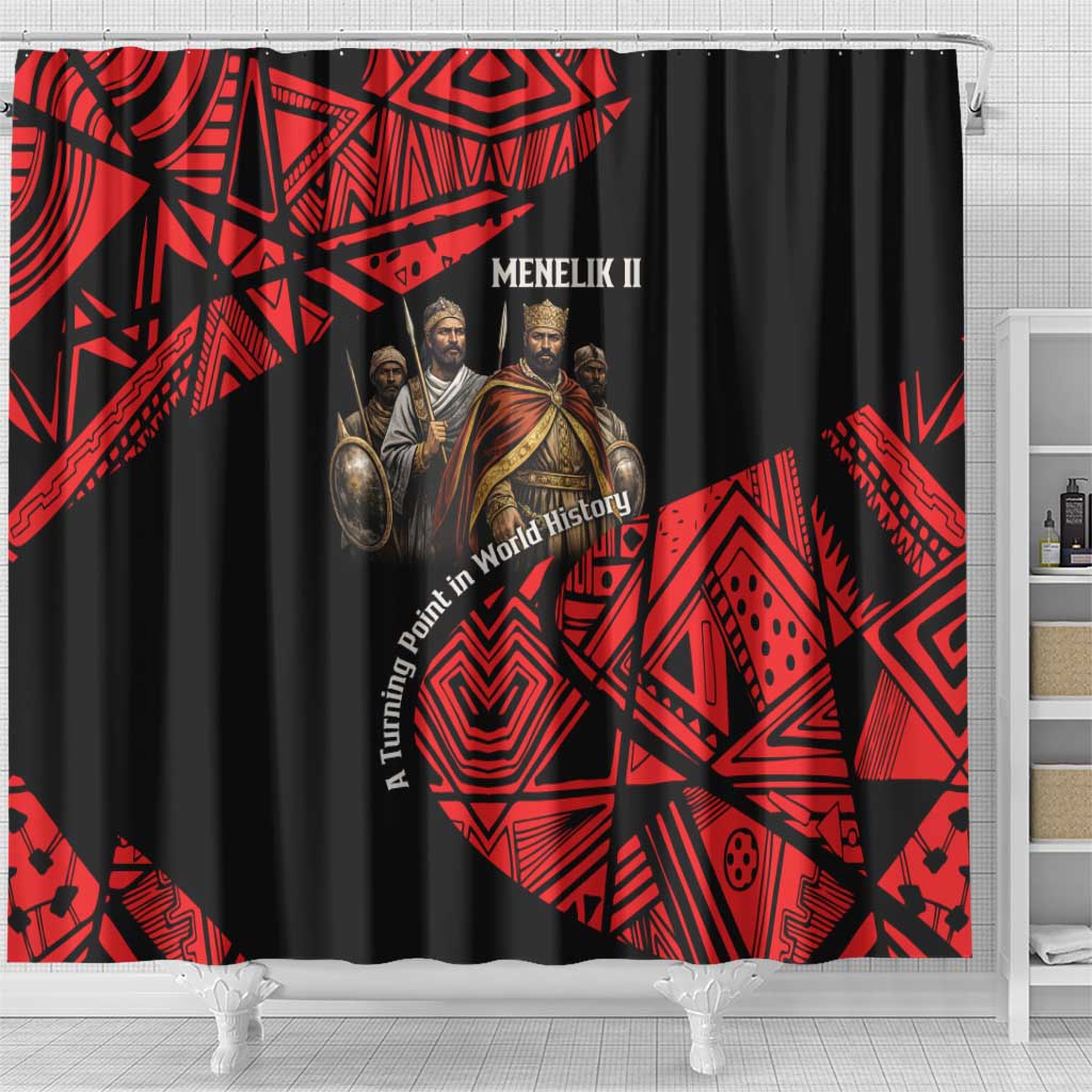 Menelik II Shower Curtain with Adwa Victory Map, Africa Defeated an Empire Text and Red Geometric - African Pride