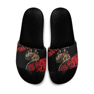 Menelik II Slide Sandals with Adwa Victory Map, Africa Defeated an Empire Text and Red Geometric - African Pride