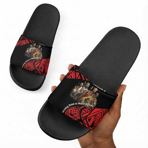 Menelik II Slide Sandals with Adwa Victory Map, Africa Defeated an Empire Text and Red Geometric - African Pride