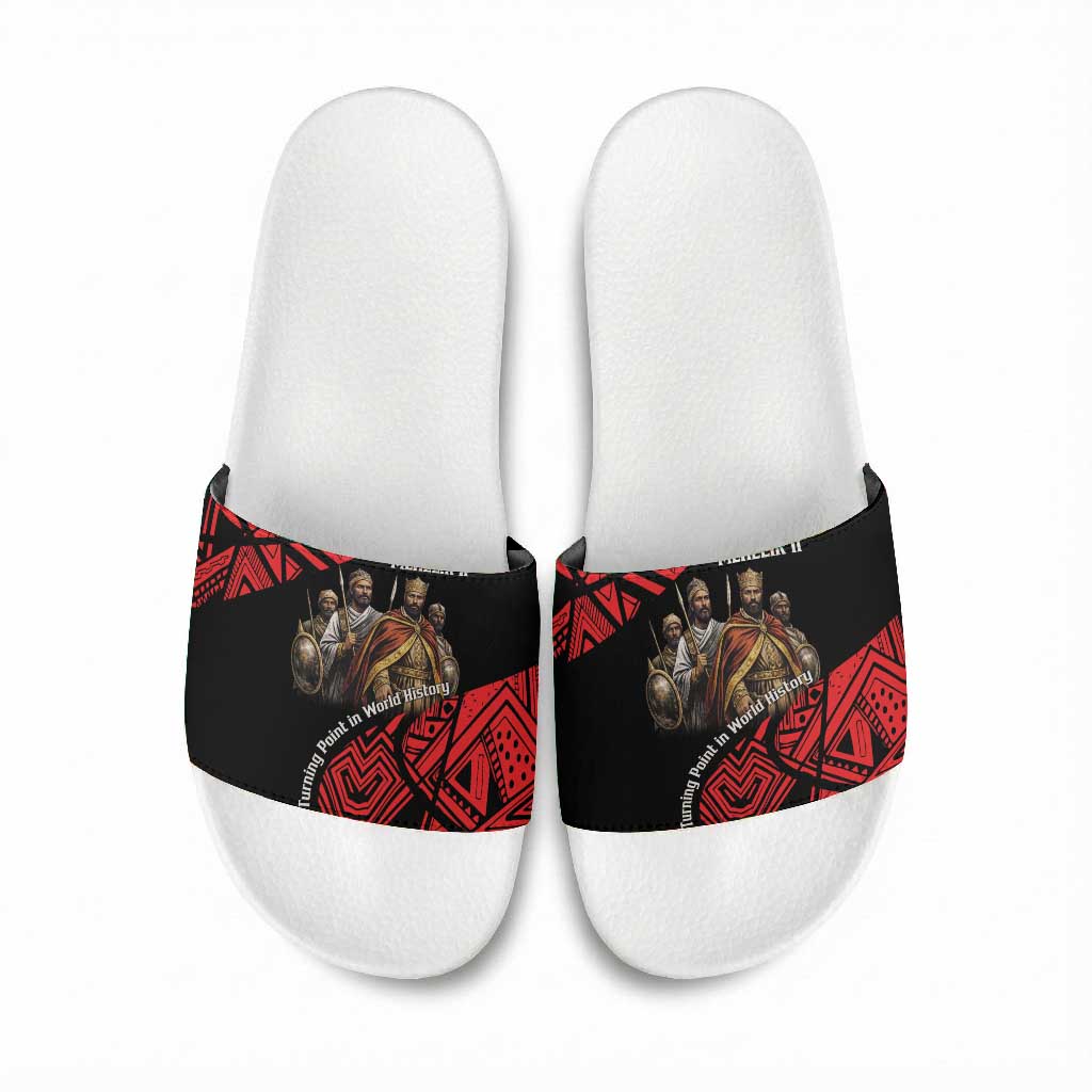 Menelik II Slide Sandals with Adwa Victory Map, Africa Defeated an Empire Text and Red Geometric - African Pride