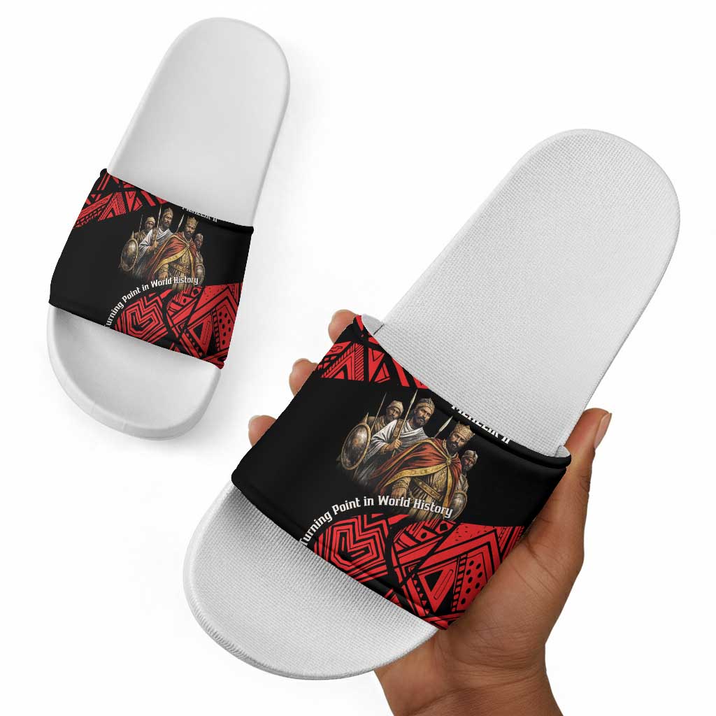 Menelik II Slide Sandals with Adwa Victory Map, Africa Defeated an Empire Text and Red Geometric - African Pride