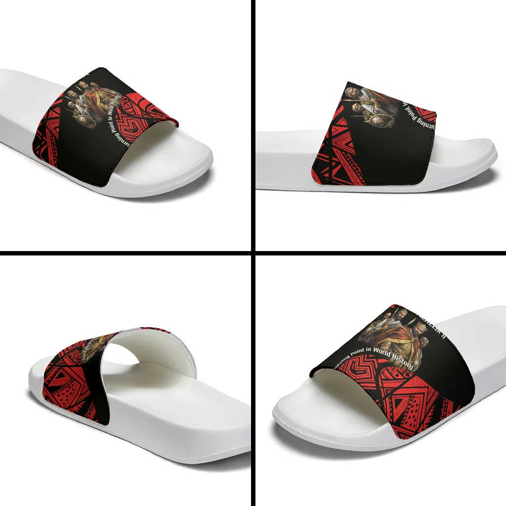 Menelik II Slide Sandals with Adwa Victory Map, Africa Defeated an Empire Text and Red Geometric - African Pride