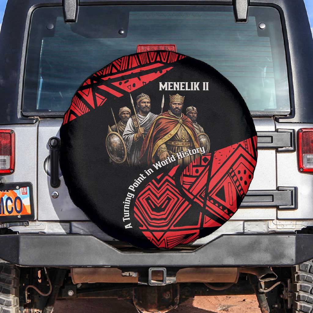 Menelik II Spare Tire Cover with Adwa Victory Map, Africa Defeated an Empire Text and Red Geometric - African Pride