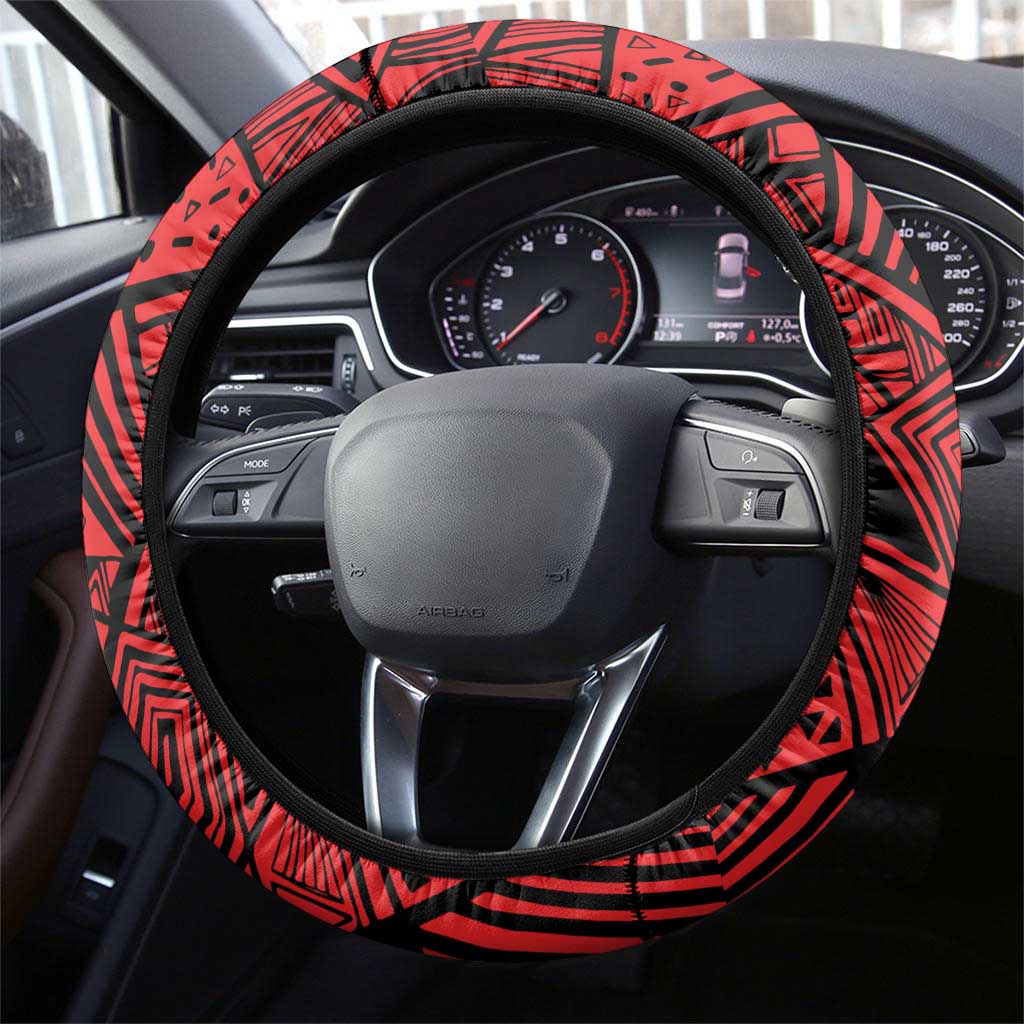 Menelik II Steering Wheel Cover with Adwa Victory Map, Africa Defeated an Empire Text and Red Geometric - African Pride