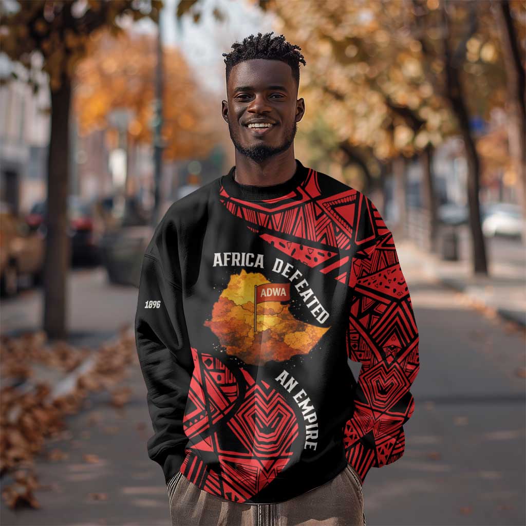 Menelik II Sweatshirt with Adwa Victory Map, Africa Defeated an Empire Text and Red Geometric - African Pride