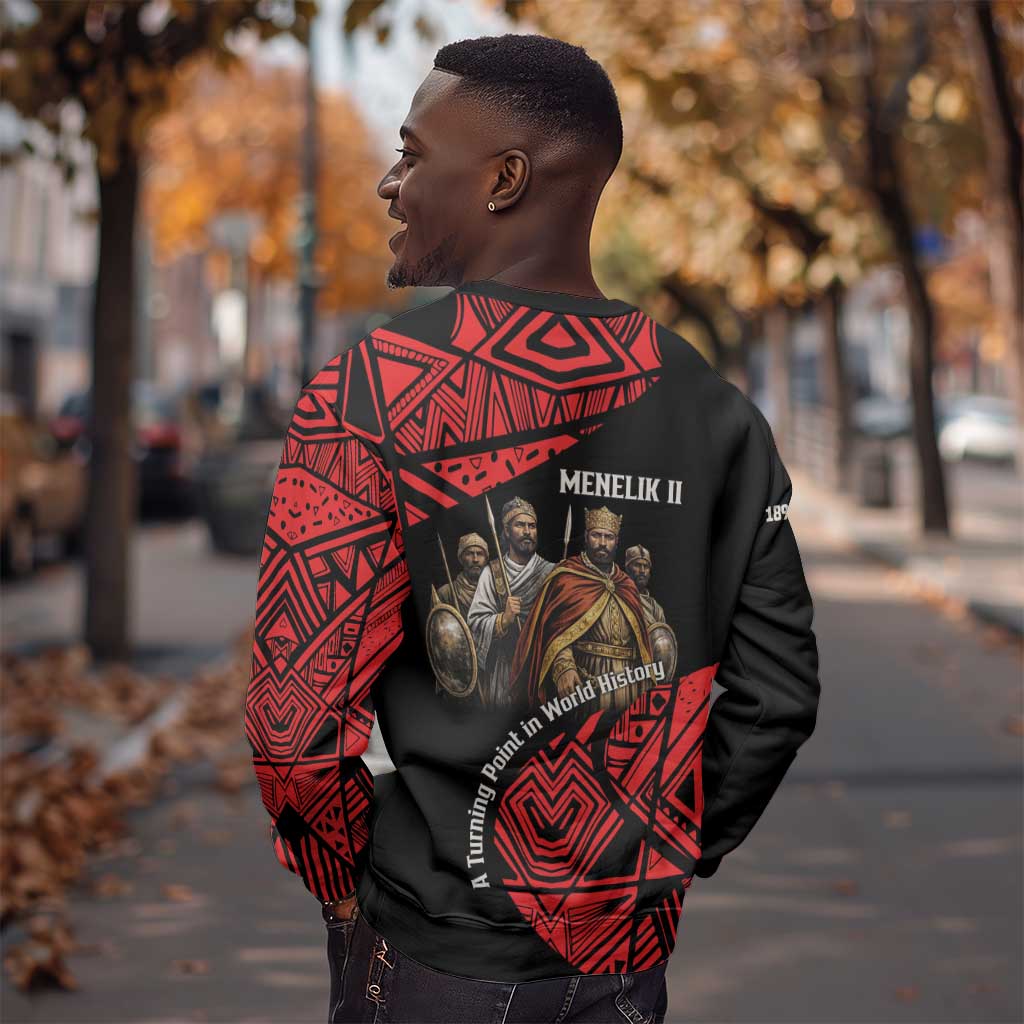 Menelik II Sweatshirt with Adwa Victory Map, Africa Defeated an Empire Text and Red Geometric - African Pride