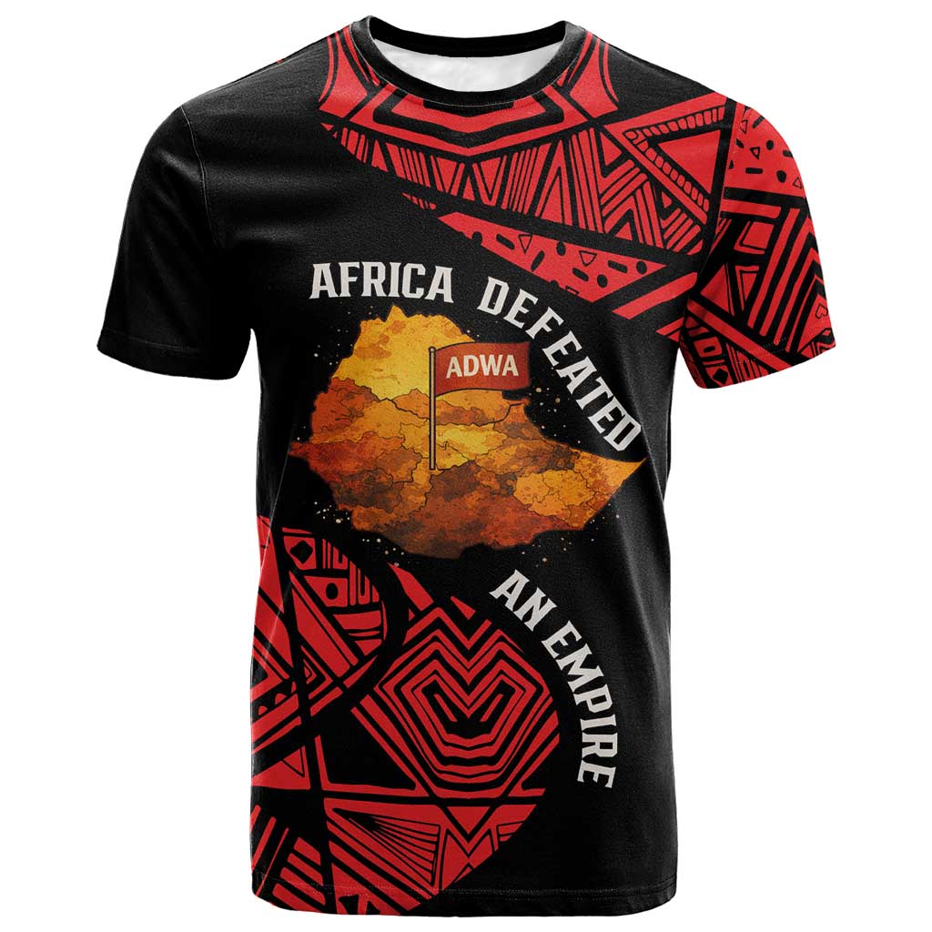 Menelik II T shirt with Adwa Victory Map, Africa Defeated an Empire Text and Red Geometric - African Pride