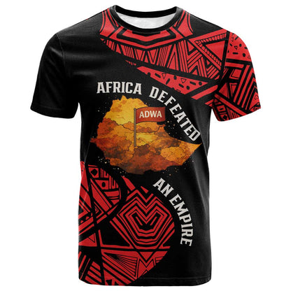 Menelik II T shirt with Adwa Victory Map, Africa Defeated an Empire Text and Red Geometric - African Pride