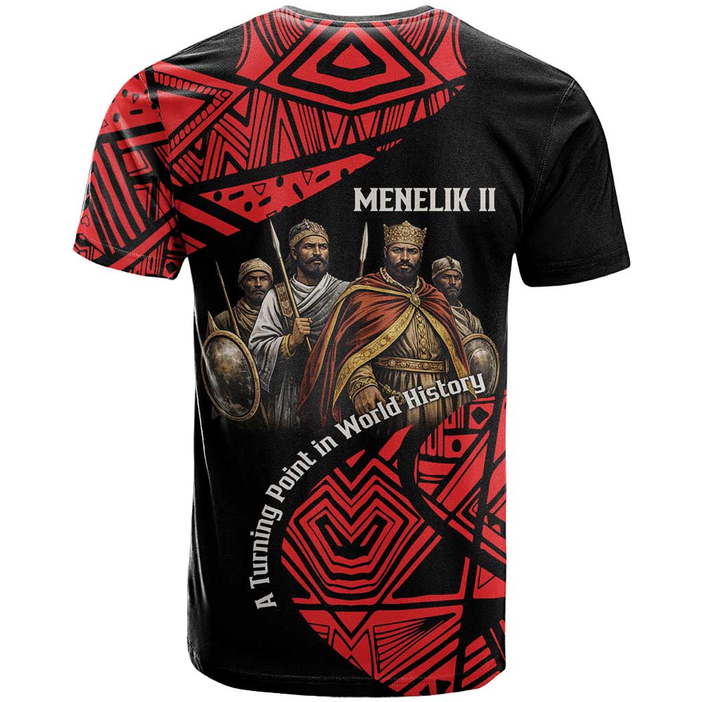 Menelik II T shirt with Adwa Victory Map, Africa Defeated an Empire Text and Red Geometric - African Pride