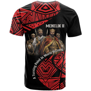 Menelik II T shirt with Adwa Victory Map, Africa Defeated an Empire Text and Red Geometric - African Pride