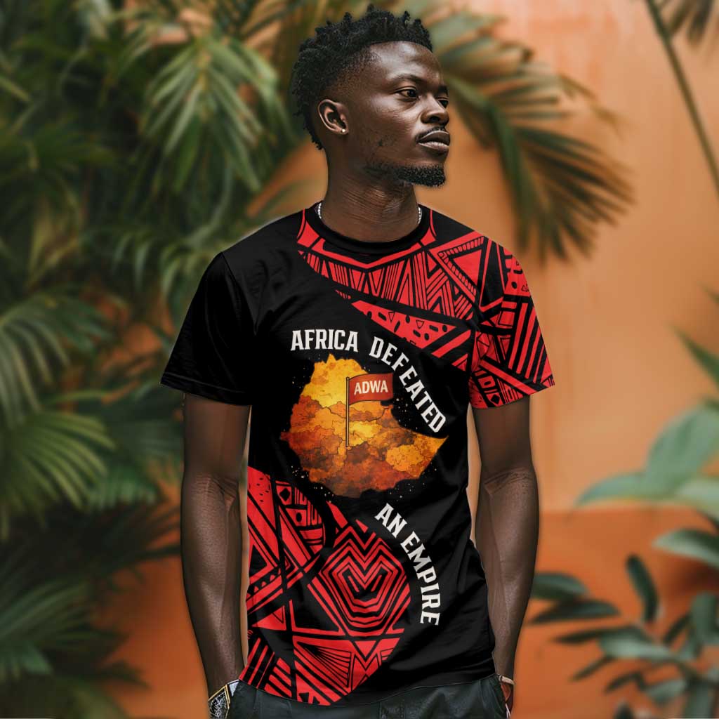 Menelik II T shirt with Adwa Victory Map, Africa Defeated an Empire Text and Red Geometric - African Pride