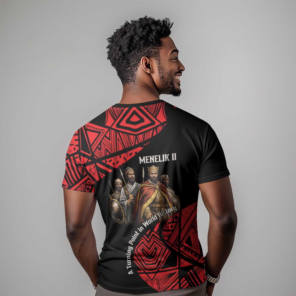 Menelik II T shirt with Adwa Victory Map, Africa Defeated an Empire Text and Red Geometric - African Pride