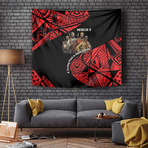 Menelik II Tapestry with Adwa Victory Map, Africa Defeated an Empire Text and Red Geometric - African Pride