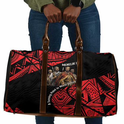 Menelik II Travel Bag with Adwa Victory Map, Africa Defeated an Empire Text and Red Geometric - African Pride