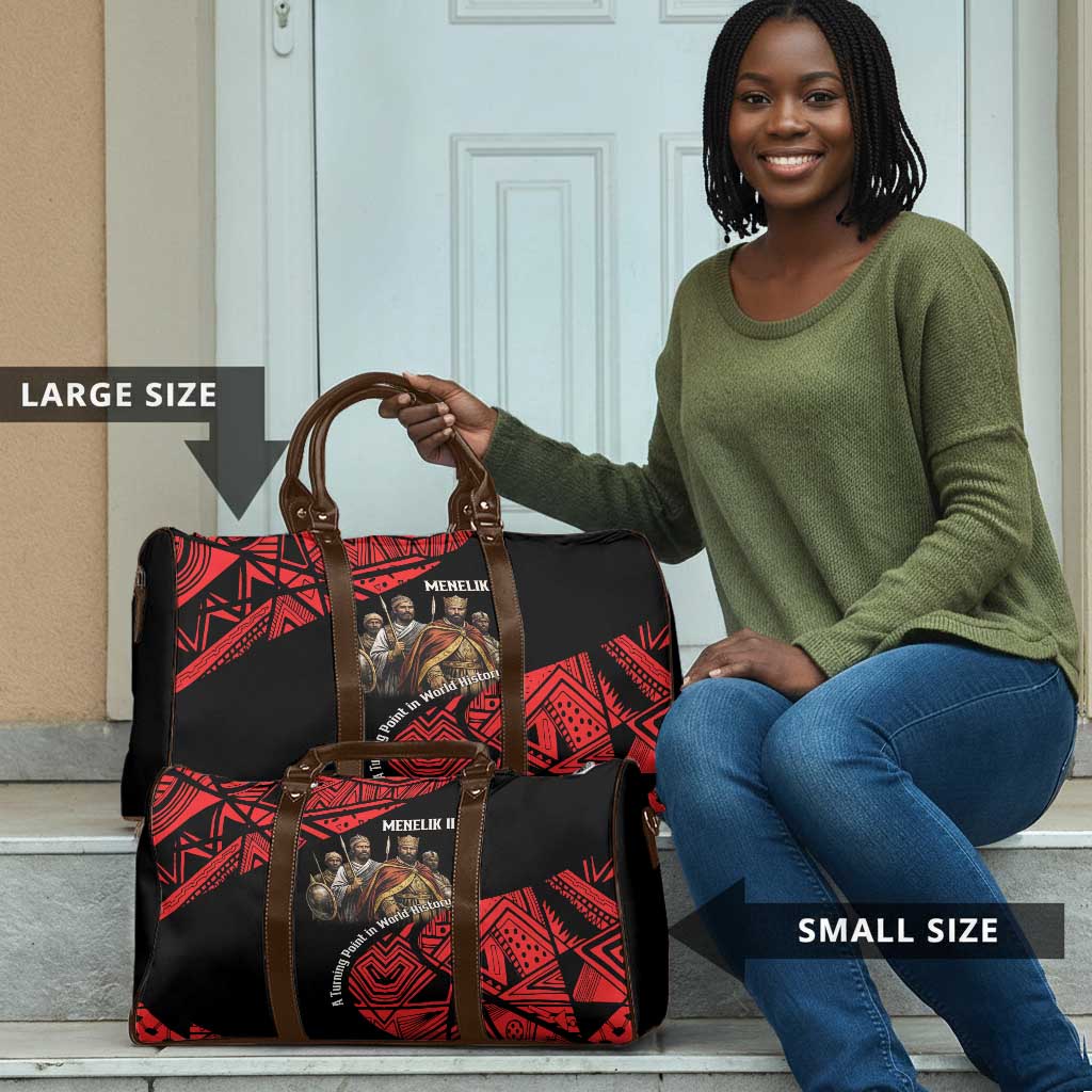 Menelik II Travel Bag with Adwa Victory Map, Africa Defeated an Empire Text and Red Geometric - African Pride