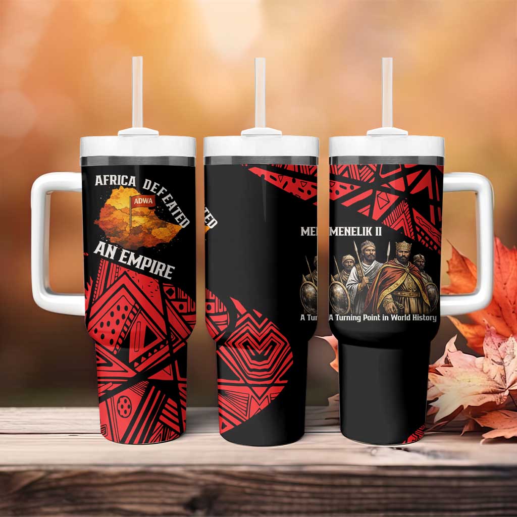 Menelik II Tumbler With Handle with Adwa Victory Map, Africa Defeated an Empire Text and Red Geometric - African Pride