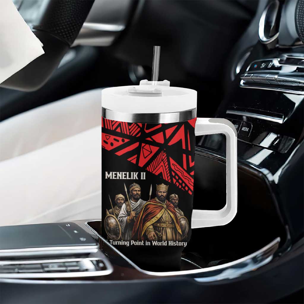 Menelik II Tumbler With Handle with Adwa Victory Map, Africa Defeated an Empire Text and Red Geometric - African Pride