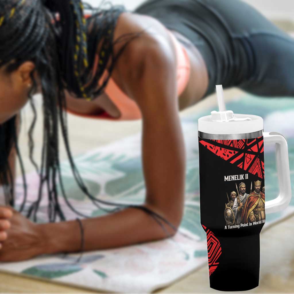 Menelik II Tumbler With Handle with Adwa Victory Map, Africa Defeated an Empire Text and Red Geometric - African Pride