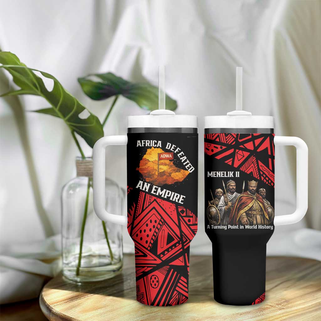Menelik II Tumbler With Handle with Adwa Victory Map, Africa Defeated an Empire Text and Red Geometric - African Pride