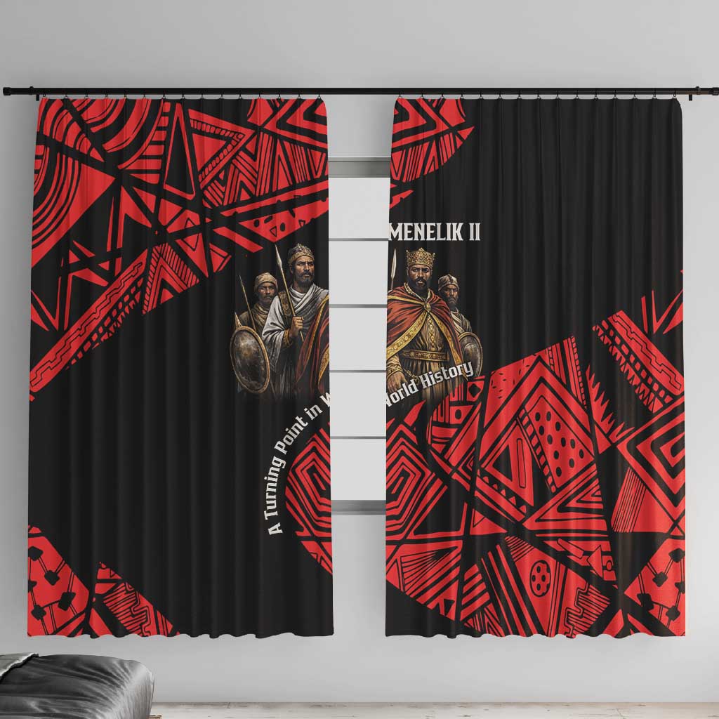 Menelik II Window Curtain with Adwa Victory Map, Africa Defeated an Empire Text and Red Geometric - African Pride