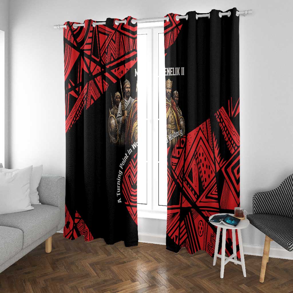 Menelik II Window Curtain with Adwa Victory Map, Africa Defeated an Empire Text and Red Geometric - African Pride