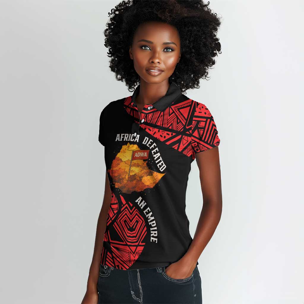 Menelik II Women Polo Shirt with Adwa Victory Map, Africa Defeated an Empire Text and Red Geometric - African Pride