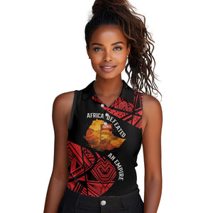 Menelik II Women Sleeveless Polo Shirt with Adwa Victory Map, Africa Defeated an Empire Text and Red Geometric - African Pride