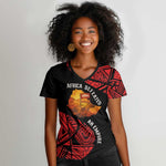 Menelik II Women V-Neck T-Shirt with Adwa Victory Map, Africa Defeated an Empire Text and Red Geometric - African Pride