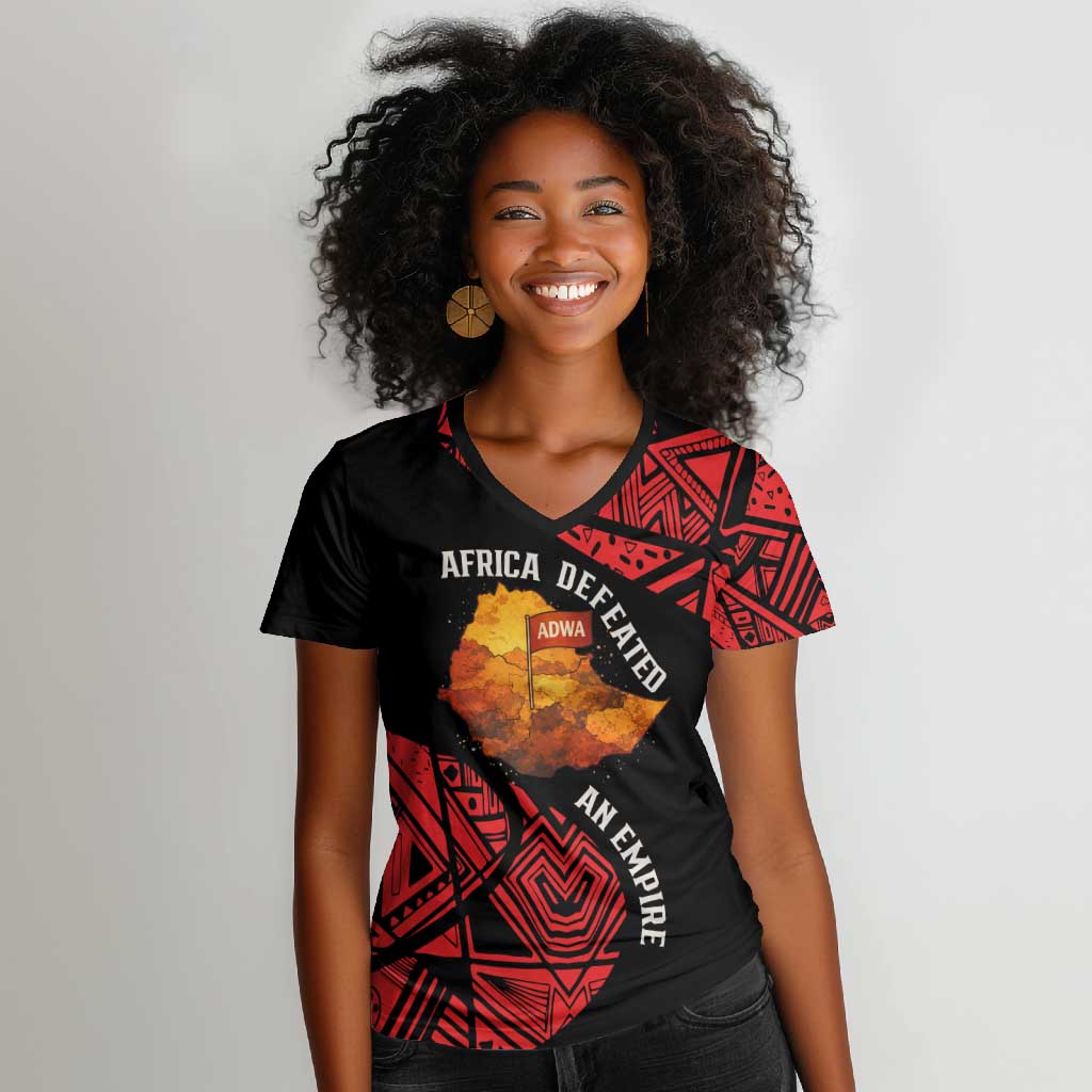 Menelik II Women V-Neck T-Shirt with Adwa Victory Map, Africa Defeated an Empire Text and Red Geometric - African Pride
