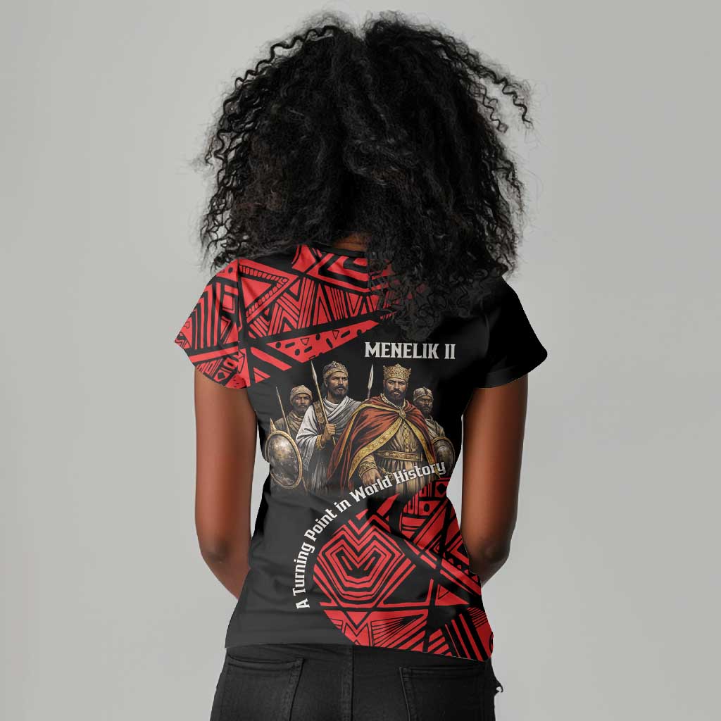 Menelik II Women V-Neck T-Shirt with Adwa Victory Map, Africa Defeated an Empire Text and Red Geometric - African Pride