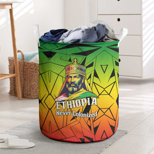 Menelik II Laundry Basket with Crowned Portrait, Ethiopia Never Colonized Text and Pan-African Abstract - African Pride