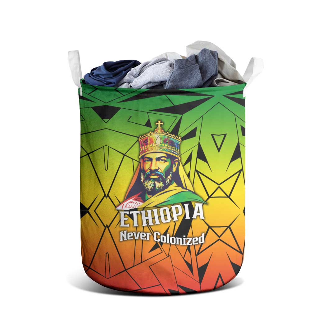 Menelik II Laundry Basket with Crowned Portrait, Ethiopia Never Colonized Text and Pan-African Abstract - African Pride