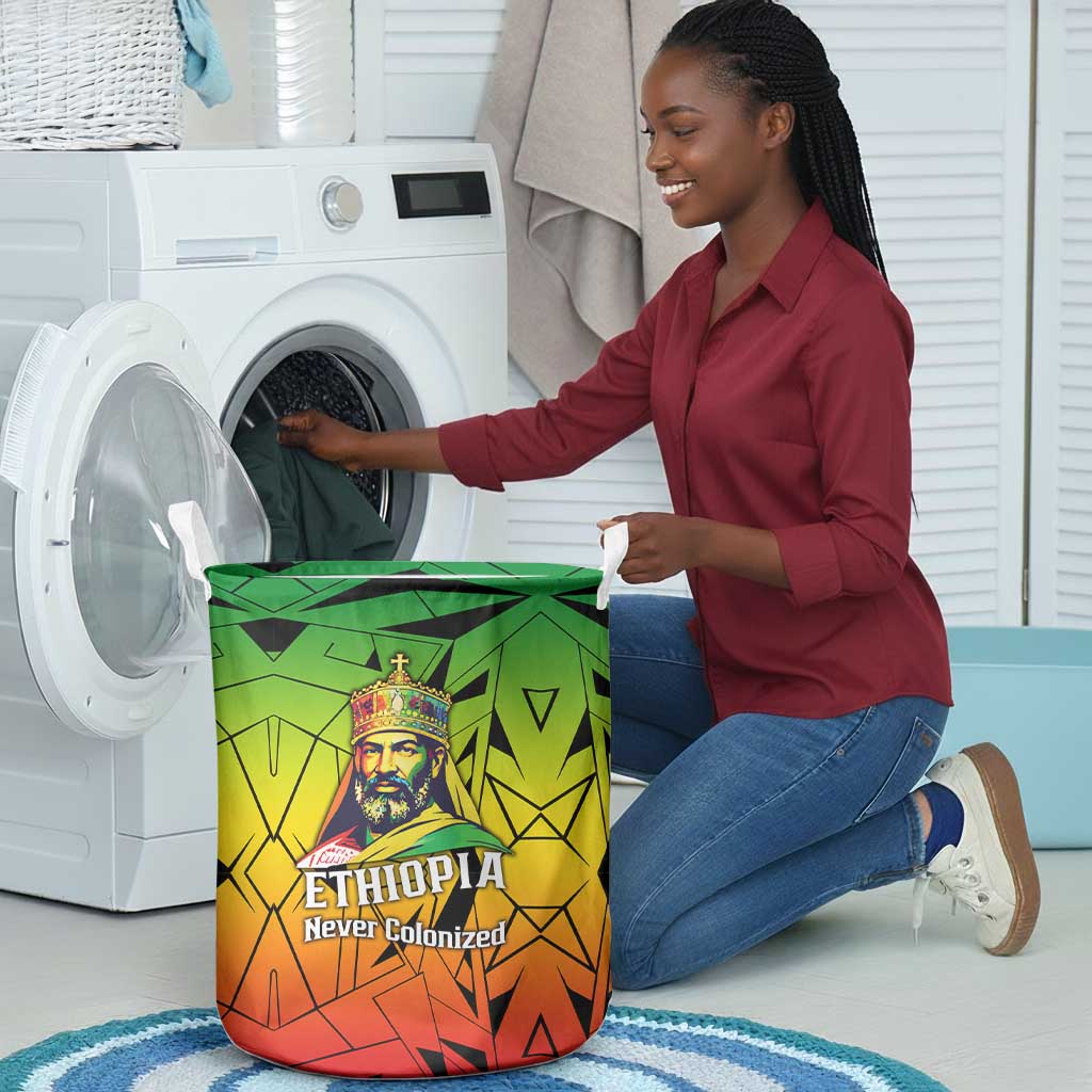 Menelik II Laundry Basket with Crowned Portrait, Ethiopia Never Colonized Text and Pan-African Abstract - African Pride
