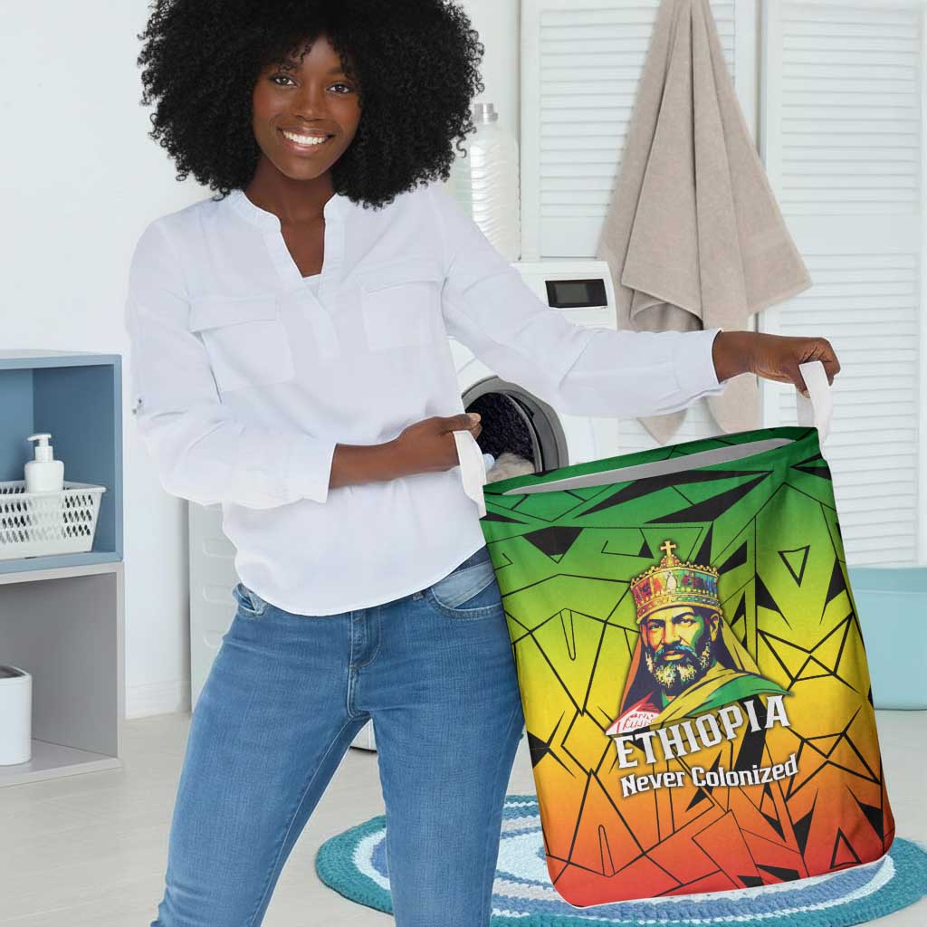 Menelik II Laundry Basket with Crowned Portrait, Ethiopia Never Colonized Text and Pan-African Abstract - African Pride